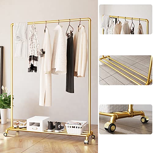 Gold Pipe Clothing Racks on Wheels Garment Rack with Bottom Shelf Heavy Duty Clothes Rack Hanging Rack Closet Organizer for Bedroom,Retail(Gold)
