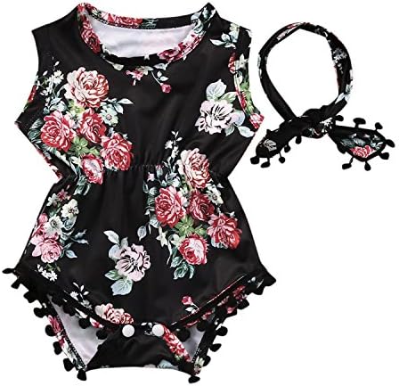 Evelin LEE Infant Toddler Baby Girls Vintage Round Neck Sleeveless Floral Printed Tassels Rompers Jumpsuits and Headband Sets Outfits