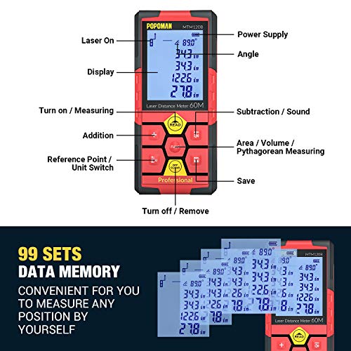Laser Measure 196ft POPOMAN, Lithium battery with USB charging, 99 Sets Data Storage, M/In/Ft with Electronic Angle Sensor, 2.25' LCD Backlit, Mute Function, Measure Distance, Area and Volume- MTM120B