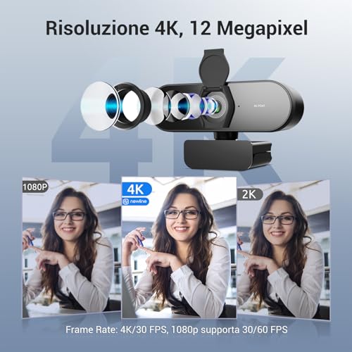 N newline 4K Webcam PC with 2 Microphones, Full HD 1080P@60FPS, Autofocus PDAF+CDAF, 12MP, Clear Stereo Sound, Auto Light Correction, USB Plug & Play, PC Camera for Windows MacOS