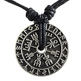 Nordic coin amulet Vegvísir odin triple horn triquetra valknut all in one pewter pendant (Adjustable Black Cord)