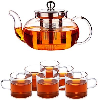 27 oz Heat Resistant Non-Dip Glass Teapot Sets with Stainless Steel Infuser &amp; Lid &amp; 6 Glass Cups for Blooming Tea and Loose Tea (800 ml)
