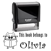 Black Ink, Personalized Owl with Glasses and Book Self Inking Stamp. This Book Belongs to Kid
