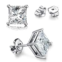 MMTTAO 925 Sterling Silver Pricess Cut Cubic Zirconia Stud Earrings for Women Men 4 Prong Sparkling Pure Brilliance Square Diamond CZ Studs Ear Piercing Earrings Hypoallergenic Jewelry Girls Gifts,8MM