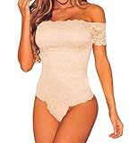 Shawhuwa Womens Sexy Floral Lace off Shoulder Bodysuit Tops Clubwear (Small, Apricot)