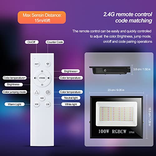 HELVAK Flood Lights Outdoor,100W RGBCW Smart Home Lighting, Outdoor Spot Lights Yard Landscape Lighting with APP Control+2.4G Remote Control, for Garden Stage Lighting,Party