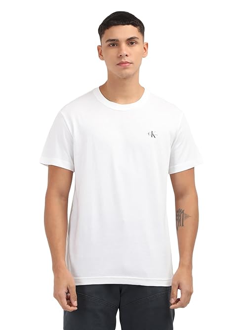 Calvin Klein Men's 2 Pack Monologo Short Sleeve Round Neck T-Shirts, White (Bright White/Bright White), XXS