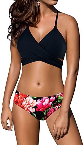 Women's Bikini Swimsuit Criss Cross Halter Push up Padded Top with Bathing Suit Floral Bottom