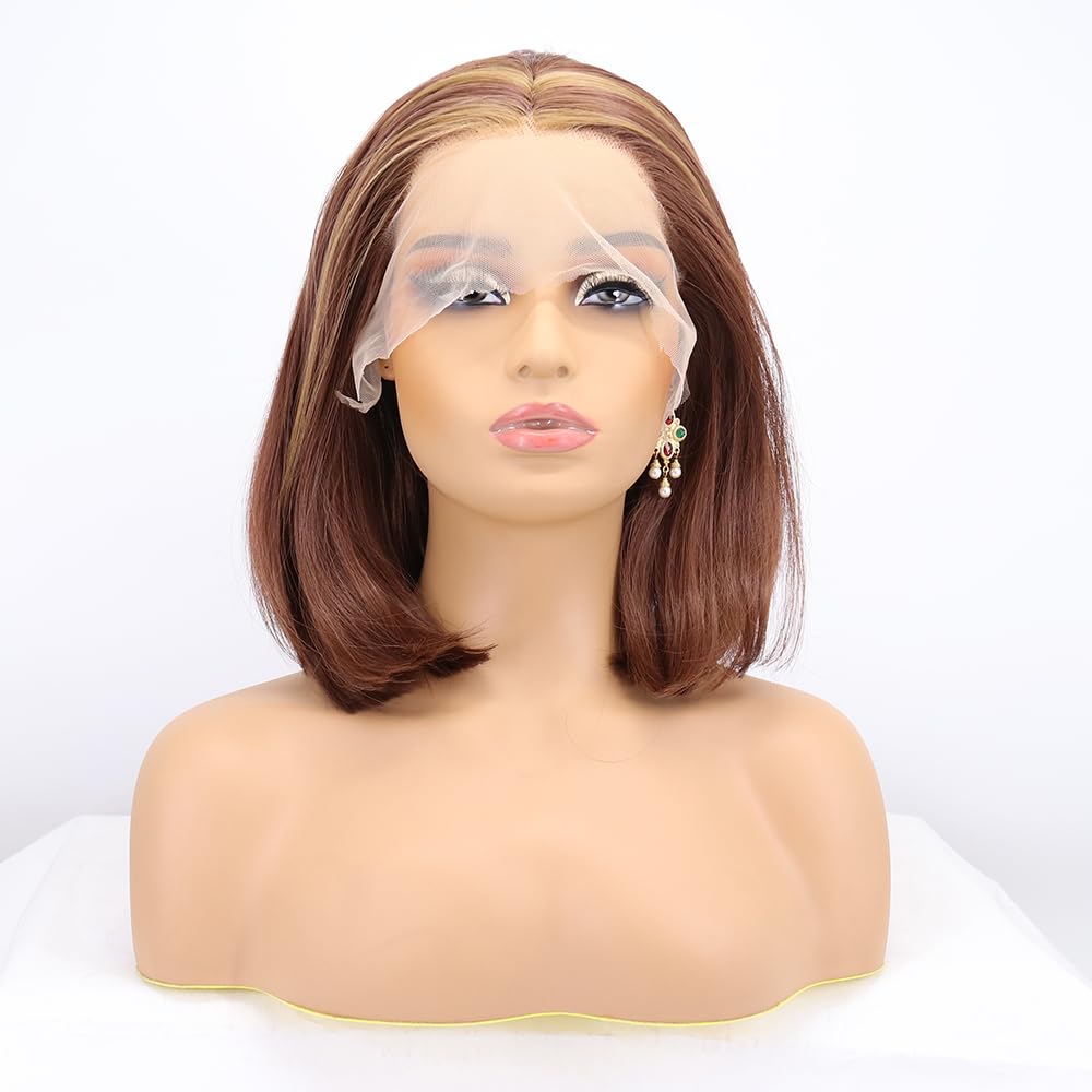 xiweiya Brown Short Wigs Blonde Highlight Brown Hair Synthetic Lace Front Wig Black Brown Color Bob Wig Middle Part Heat Resistant Fiber Hair for Women 14inch — image 1