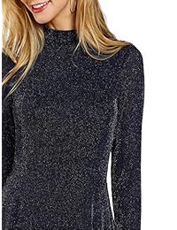 ESPRLIA Vestido de manga larga con cuello de malla, con purpurina, para fiesta, cóctel, Midi