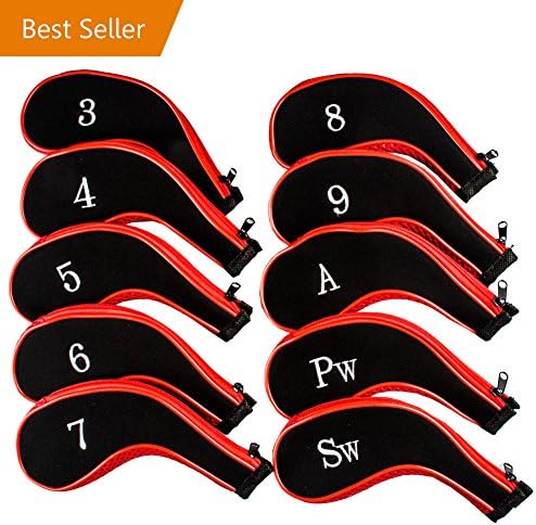 Golf Club Headcovers, Aeola Zipper headcovers for golf clubs iron covers with Interchangeable Number Tag, Red - 10Pcs