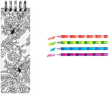 C.R. Gibson Spiral Coloring Flip Pad, Note Pad Includes 150 Pages, Fun, Stress Relieving Designs To Color, Pad Measures 3" x 8.75" AND Jumbo Color Stripe Colored Pencils 4 PACK (Earth Laughs Flowers)