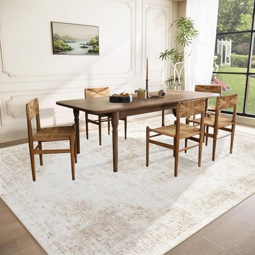 VECARF Area Rug 9x12 Washable Rug, Vintage Boho Medallion Rugs Non-Slip Soft Low Pile Large Distressed Rug Indoor Retro Carpet for Living Room Bedroom Dining Room Home Office (Beige, 9'x12')