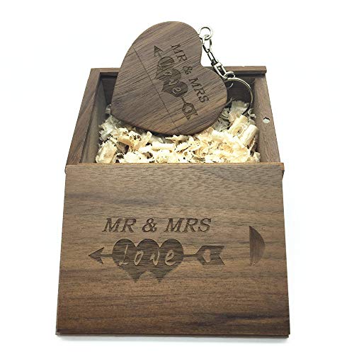 LXSINO Wood USB Flash Drive with Laser Engraved Mr & Mrs Design â€“ 32GB Wooden Heart Shape USB Flash Drive USB Memory Stick Thumb Drivers with Matching Box for Novelty Gift(Walnut 32g)