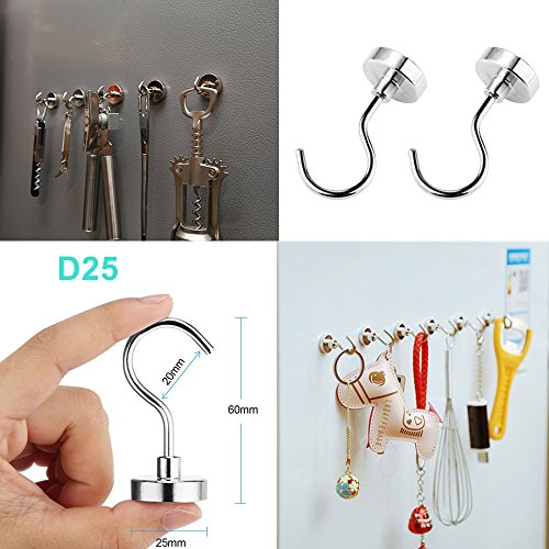 Magnetic Hooks, OUHL Powerful 40LB/10LB Heavy Duty Magnet Hook Hanging Keys Tools,Perfect for Kitchen Garage Home Work Office Space (2 Piece D25 + 2 Piece D16) - Thumbnail 2