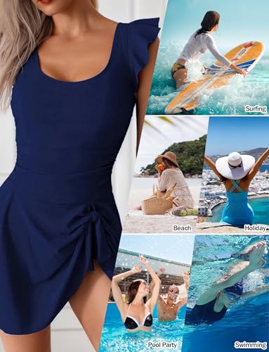 SEAUR One Piece Swimsuits for Women Modest Tummy Control Swimdress Vintage Knotted Bathing Suits Skirt