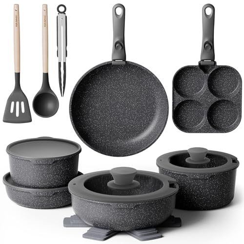 Batería de cocina antiadherente de 20 piezas – Juego de ollas y sartenes con asas extraíbles, compatible con lavavajillas, apilable, ideal para familias,Gris
