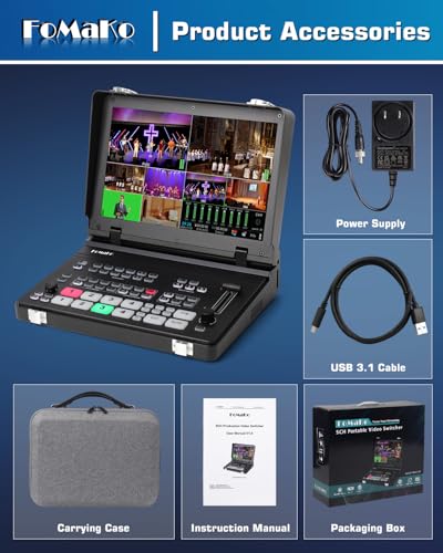 FoMaKo M6 4K HDMI Video Mixer, 10.1 Inch Full HD LCD Screen, 5 Channel Live Broadcast Switch, 4K 60 IPS Input, 1080P 60 IPS Output, SDI+HDMI Video Switch