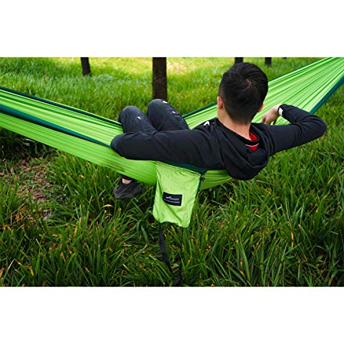Geezo Double Camping Hammock, Lightweight Portable Parachute (2 Tree Straps 16 LOOPS/10 FT Included) 500lbs Capacity Hammock for Backpacking, Camping, Travel, Beach, Garden (Black/Grey) - Thumbnail 4