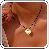 Erimberate Bohemian Heart Choker Necklace Gold Puffy Heart Pendant Necklace Black Leather Collar Necklace Heart Wax Rope Chain Necklace Jewelry for Women