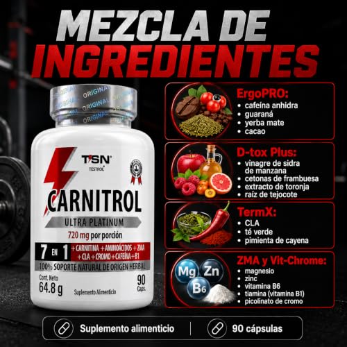 CARNITROL | PreEntreno 7 en 1 para Energía y Enfoque – 220 mg Cafeína por cápsula más L-Carnitina, ZMA, CLA, Picolinato de Cromo, B1 y D-TOX plus | TSN Testrol
