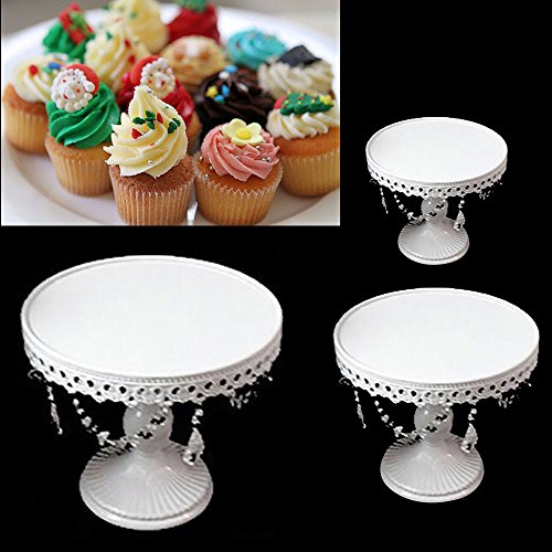 3 Set Metal Crystal Cake Holder Cupcake Stand Cake Dessert Holder with Pendants and Beads,Wedding Birthday Dessert Cupcake Pedestal Display,White (3)