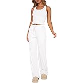 BONITEE Womens Loungewear Set 2 Piece Pajama Sets Summer Sleeveless Crop Tank Tops Wide Leg Pants Lounge Outfits