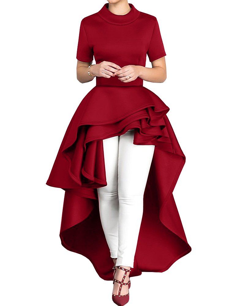 womens ruffle high low asymmetrical short sleeve bodycon tops blouse shirt dress