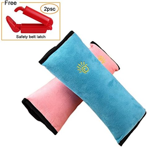 Seat Belt Pillows/Seatbelt Covers For Kids Plush Soft Auto Seat Belt Strap Cover Headrest Neck Support for Children Kid 2 Packages With 2 Seatbelt Safety Covers Adjuster(blue+pink) (blue pink)