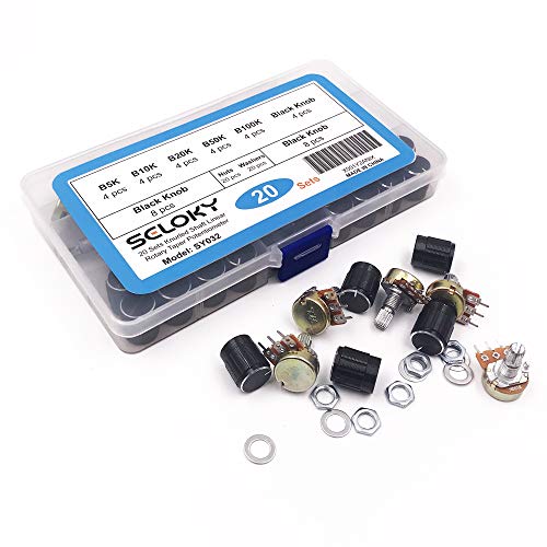 Seloky 20 PCS (B5K-B100K) 5K-100K Ohm Knurled Shaft Linear Rotary Taper Potentiometer with Black Knob(WH148) Kit