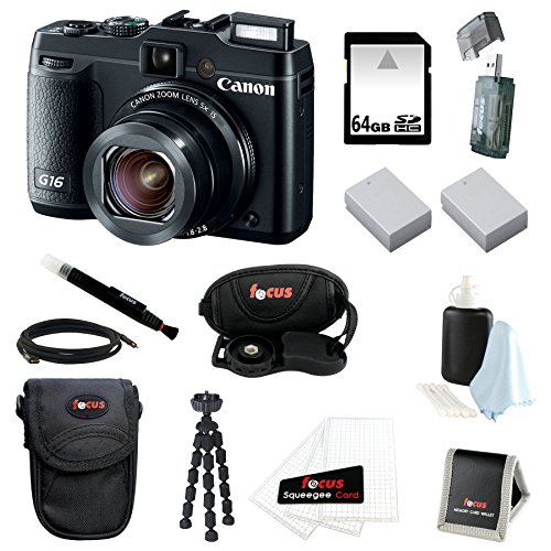 Canon PowerShot G16 12.1 MP CMOS Digital Camera Bundle with 64GB SD Memory Card + Card Reader + Large Case + Two Replacement Battery for Canon NB-10L + Wrist Grip Strap + Accessory Kit