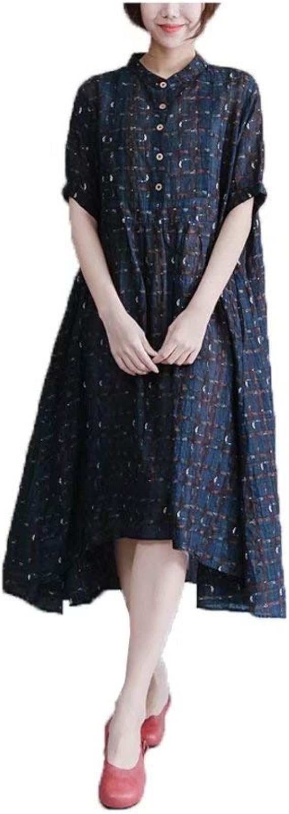 Amazon Co Jp Kumi レディース ロングワンピース 森ガール チェックワンピース ワンピース チェック柄 ロング丈 不規則裾 L ネイビー 服 ファッション小物