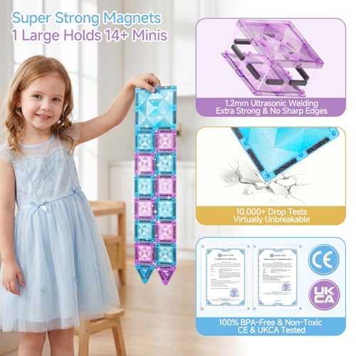 burgkidz Magnetic Building Blocks Travel Toy for Girls, 42 Pieces Ice Princess Magnetic Tiles in Metal Box - 60 Minutes Quiet 30s Tidy Up - Car Train Plane Gift 3 4 5 6 7 8 Years