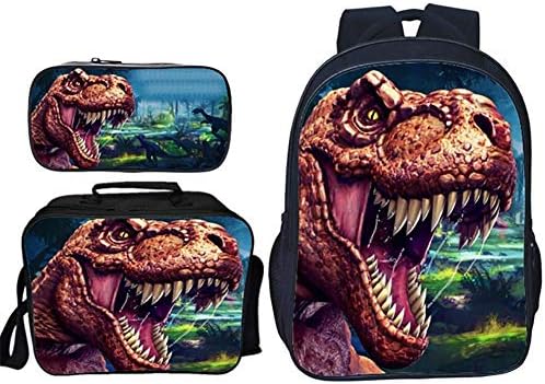 JNMFTD 3 in 1 Backpack Sets urassic Park Dinosaur Prints 3pcs Primary Schoolbag Shoulder Bag+ Pencil Case for Boy Girls 7-15 Years Old Childrens