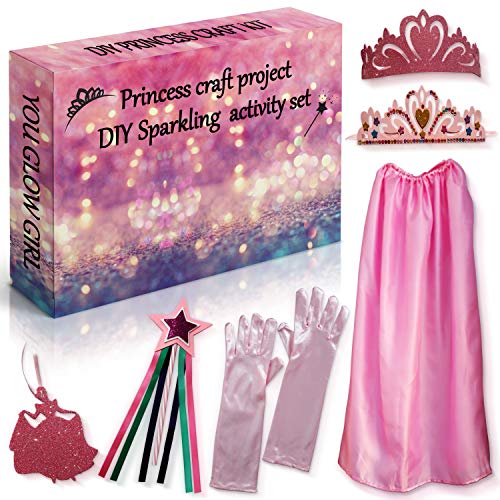 2Pepers Make Your Own Princess Craft Kit, Arts and Crafts for Girls, DIY Princess Dress Up Set, Kids Crafts Project- Cape, Tiara, Wand, Necklace and Gloves, Princess Toys Pretend Play Gifts for Girls