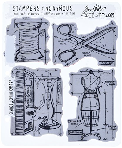 Stampers Anonymous Tim Holtz Cling Rubber Stamp Set, 7 by 8.5-Inch, Sewing Blueprint