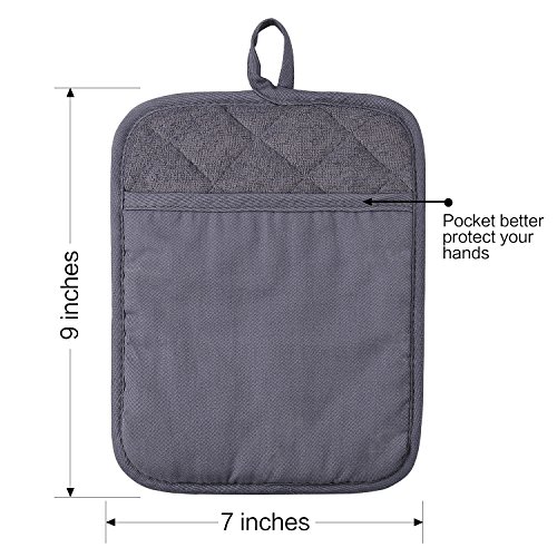 100% Cotton with Silicone Kitchen Everyday Basic Pot Holder Heat Resistant Coaster Potholder Oven Mitts with Pocket for Cooking and Baking Set of 2 Grey