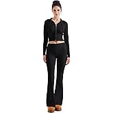 SUUKSESS Women 2 Piece Knit Sets Cropped Zip Up Hoodie Foldover Flare Leg Pants