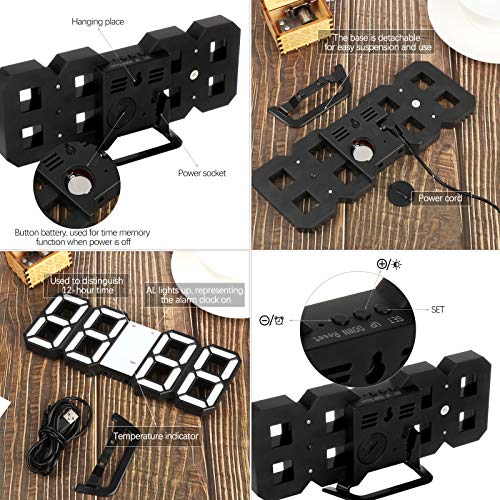 3D Digital Clock, Desktop or WallMounted Alarm Clock, with 3 Automatic