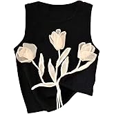 RoseSeek Women's 3D Floral Tank Top Crew Neck Tulip Applique Summer Casual Sleeveless Going Out Tops