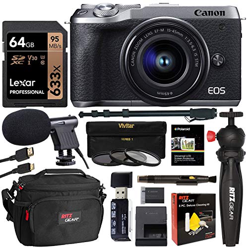 Canon EOS M6 Mark II Mirrorless Camera EF-M 15-45mm is STM Kit (Silver) with Lexar 64GB, Tabletop Tripod, Filter Kit, 62″ Monopod, Microphone, Card Reader, Cleaning Kit, HDMI Cable, Camera Bag Bundle