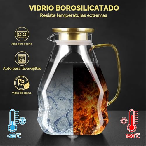 ecooe Glass Water Pitcher 1.8 Liter Glass Jug Fridge Door Glass Water Jug with Stainless Steel Lid, Transparent Glass Jug for Cold/Hot Water, Juice, Milk, Coffee, Tea