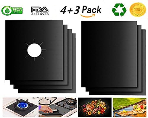 Gas range protectorsSet of 4 + Grill Mat Set of 3 - Stove Burner Covers 0.2 mm - Teflon coating - Reusable - Easy to Clean - Non-Stick, Your kitchen is always clean - Dishwasher Safe - FDA Approved