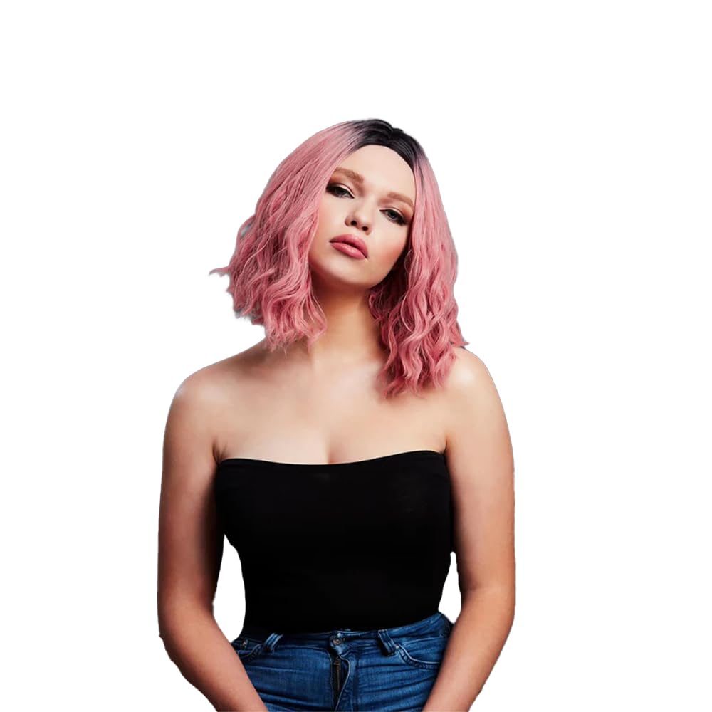 Smiffys Fever Cara Wig, Two Toned Blend, Ash Pink Wavy Long Bob, Centre Parting, 33cm / 13in, Fever Wigs Fancy Dress, Fever Dress Up Wigs