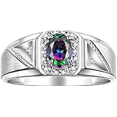 Rylos Men's Rings Classic 7X5MM Oval Gemstone & Diamond Ring - Color Stone Birthstone Rings for Men, Sterling Silver Ring in Sizes 8-13. Unique Mens Jewlery