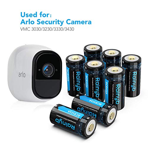 RCR123A Batteries Rechargeable and RCR123A Charger, Rainyb 8Pcs 3.7V 700mAh Li-ion Battery with 4 Slot Batteries Charger for Arlo VMC3030/3230/3330/3430/3530 Security Cameras