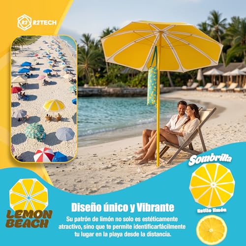 R2TECH® Super Pack Folding Beach Umbrella | Parasol with Height 210 cm and Diameter 160 cm | Compact Umbrella for Suitcase | Summer Protection 2 Seater UPF 50+ | Pole Aluminium Yellow 109C