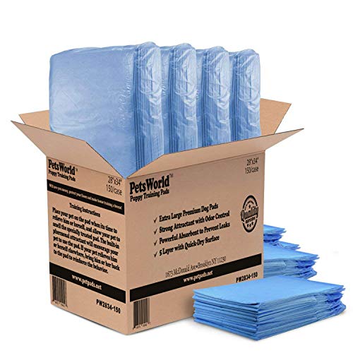PETSWORLD Puppy Training Pads (28x34) 150Ct, Bundle with Dog Waste Bags + Dispenser (9 Rolls 180 Ct)
