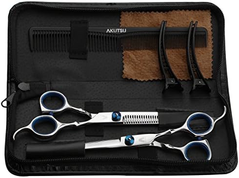 6.0" Silver Hair Cutting Thinning Scissors / Shears Set / Kit With Comb And Clips - For Home use / Barber Students (Blue knob)