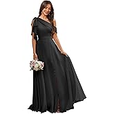 Djqpi One Shoulder Chiffon Bridesmaid Dresses for Women A Line Pleated Formal Evening Gown with Slit